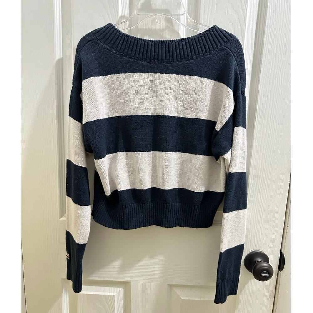 Tommy Jeans Navy White Striped V-neck Pullover Knit Sweater Thick Stripes XS/S - Picture 2 of 7